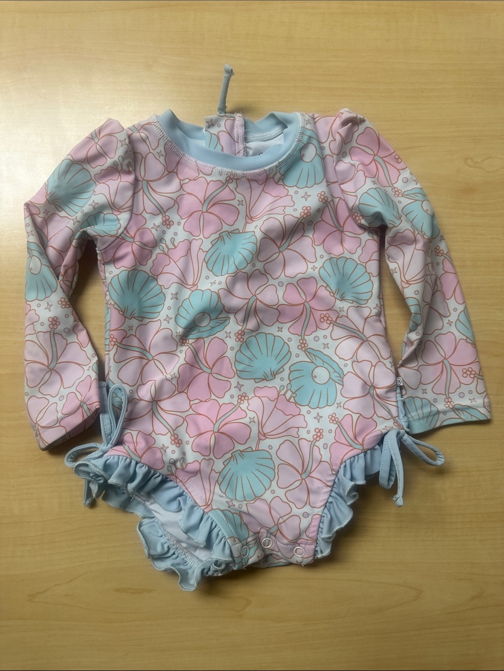 Caden Lane Pink & Light Blue Shell-Print Long Sleeve Swim One-Piece